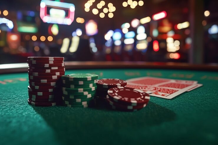 Live Baccarat dealer at mpo2121 resmi studio with card shoe, Player and Banker positions clearly visible